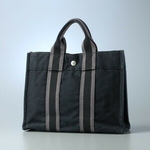 GQ5847〇フランス製*エルメス HERMES*フールトゥPM*コットンキャンバス*ハンドバッグ*トートバッグ*手提げ*鞄*ブラック×グレー系