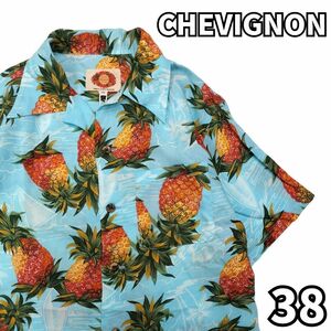 アロハな南国気分★ 新品 未使用　シェビニオン CHEVIGNON　アロハシャツ 半袖 オープンカラーシャツ シャツ パイナップル 夏 総柄　青　M