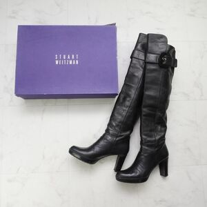 STUART WEITZMAN スチュアート ワイツマン 7 1/2 24.0~24.5 ロングブーツ ヒール ラウンドトゥ バックル レザー 黒 ブラック 箱付き/SC8