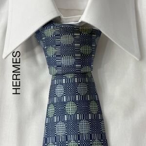 HERMES エルメス 水玉 パターン柄 デザイン シルク ネクタイ フランス製 ブルー グリーン TG314