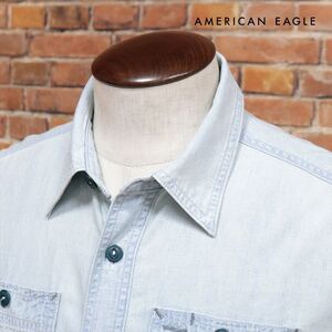 AMERICAN EAGLE/Lサイズ/セルビッチ デニム シャツ 7453-1056 ブリーチ ヴィンテージ BIGシルエット 長袖 新品/水色/ライトブルー/jb127/