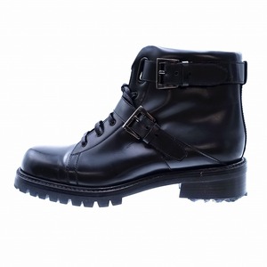 プラダ PRADA レザー コンバット ショート ブーツ シューズ ベルト レースアップ 裏ボア 36 1/2 23.5 黒 ブラック 12