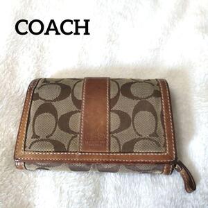 COACH コーチ シグネチャー二つ折り財布 レザーキャンバス ヘリテージ 茶色 ロゴ型押し ミニウォレット ブラウン 異素材ドッキング 