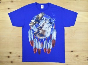 USA古着 イーグル 狼 ドリームキャッチャー Tシャツ sizeL 青 アニマル 動物 ネイティブアメリカン アメリカ アメカジ Fruit of the Loom