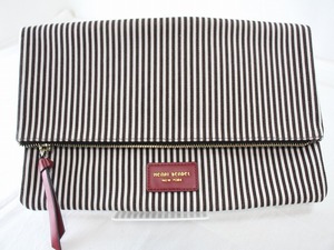 新品同様　HENRI　BENDEL　★　クラッチバッグ　　ポーチ　固め　キャンバス　革　ストライプ　ダークブラウン　YA48