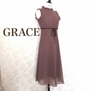 ★ GRACE グレース ブラウン 襟 袖 フリル パイピングリボン ノースリーブ ワンピース サイズ 36 ★ 