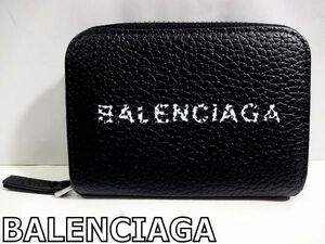 X4L056◆本物◆ バレンシアガ BALENCIAGA 本革レザー ブラック ジップラウンドファスナー 仕切り付き コインケース 小銭入れ