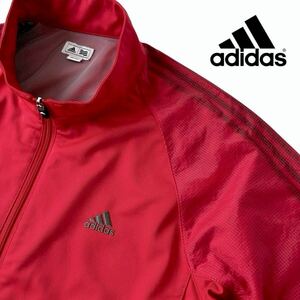 (美品) アディダス adidas フルジップ ジャケット 裏地メッシュ O (XL) レッド スリーストライプ 立ち襟 ゴルフジャケット