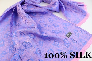 新品【SILK シルク100%】華 ペイズリー柄 大判 ストール/スカーフ ピンク系 ロイヤルブルー