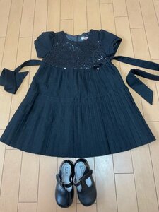 yh キッズワンピース＆靴2点セット トップス チュニック 可愛い 入学式 卒園式 結婚式 女の子 裏地付き 毛混