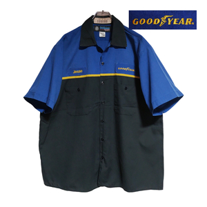 UniWeave 半袖ワークシャツ size XL オーバーサイズ ブルー ブラック ゆうパケットポスト可 胸 ワッペン GOODYEAR 古着 洗濯 プレス済 j89