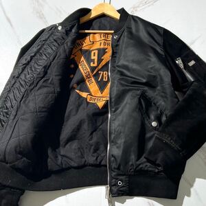 極美品/XL相当★ディーゼル/DIESEL 袖レザー 山羊革スエード コンビジャケット MA-1 ブルゾン ペンキプリント アウター 中綿 メンズ 黒