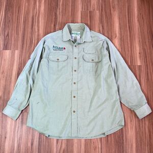 YT2478 ORVIS オービス 90s 00s フィッシングシャツ サイズL グリーン 長袖 薄地 袖ロールアップ ロゴ刺繍 フラップポケット BUZZ OFF社