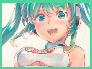 ☆同人手描きイラスト 色紙 原画　ボカロ　ボーカロイド　初音ミク Vocaloid Hatsune Miku「Racing Miku2014」レーシングミクA3サイズ