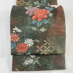 袋帯 美品 秀品 牡丹 草花 箔 刺繍 深緑 六通 正絹 【中古】