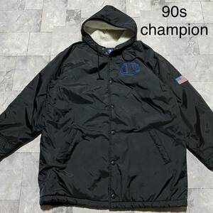 90s champion チャンピオン ベンチコート 裏地ボア 中綿 フード ドットボタン ビッグロゴ ヴィンテージ ブラック サイズL 玉FS1225