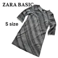 ZARA ワンピース ツイード 七分袖 膝丈 ブラック ホワイト フリンジ