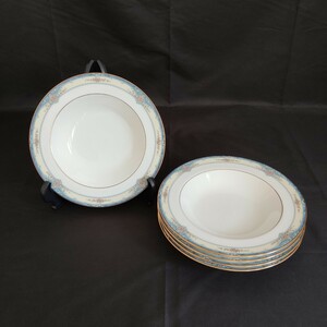  Noritake ノリタケ ROSSLYN ボーンチャイナ スープ皿 21cm 5枚セット スーププレート 深皿 ブルー 花柄 洋食器 【現状品】xy520276