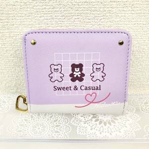 【未使用】Sweet & Casual ハートチャーム付き 折りたたみ財布 ラウンドファスナー パープル 小銭入れ コインケース プレゼント 誕生日