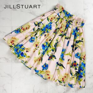 美品 JILL STUART ジルスチュアート 花柄フレアスカート ウエストゴム 膝丈 裏地あり ピンク 青 赤 サイズ0*RC744