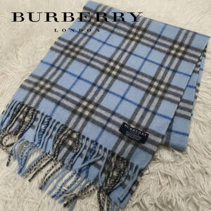 BURBERRY LONDON バーバリー ノバチェック カシミヤ100％ マフラー 防寒具 ユニセックス ブルー系 30cm × 140cm(フリンジ部分含む) 