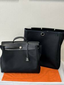 HERMES エルメス エールバッグMM ブラック キャンバス レザー 替えバッグ付き