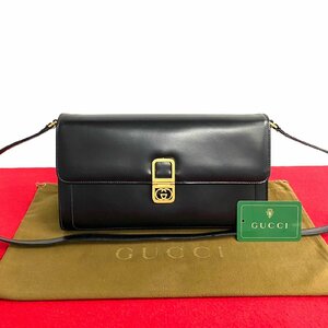 ほぼ未使用 GUCCI オールドグッチ ヴィンテージ GG ロゴ 金具 カーフ レザー 本革 ミニ ショルダーバッグ ポシェット ブラック 602-9