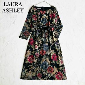 634y 美品 ローラアシュレイ ベロア花柄ワンピース 長袖 ベルト 黒 L　サイズ40　総柄　LAURAASHLEY　ロング