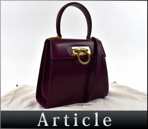 500172□ Ferragamo フェラガモ ガンチーニ 2WAY ハンドバッグ ショルダーバッグ BV-212193 レザー パープル ワイン レディース/ B