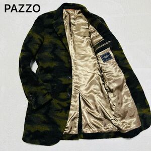 【美品】PAZZO パッゾ 秋冬 カモフラ 迷彩 総柄 裏地ゴールド ウール ジャージー ツイード チェスター コート メンズ 日本製 48 L相当