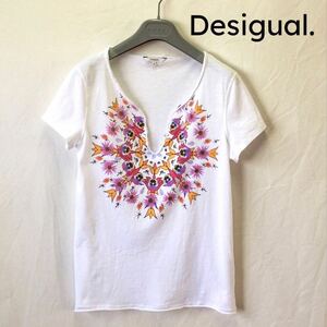 Desigual デシグアル Tシャツ カットソー サイケ 花 M L パンジー デイジー ホワイト 白