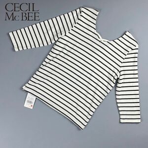 新品未使用 CECIL McBEE セシルマクビー クロスデザインカットソーボーダー柄 五分袖 トップス レディース 白 ホワイト サイズM*LC1446