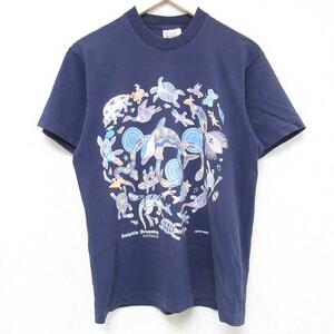 M/古着 半袖 ビンテージ Tシャツ メンズ 90s イルカ コットン クルーネック 濃紺 ネイビー 24feb03 中古