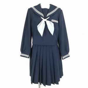 1円 セーラー服 スカート スカーフ 上下3点セット 170A 大きいサイズ 富士ヨット 冬物 白3本線 女子 中学 高校 紺 中古 ランクC NA8355