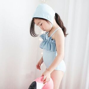 ♪ｍineka♪キッズ水着帽子付き 子供服 セットアップ ワンピース チェック柄 水遊び 水泳 外出 プール ブルー 100-110cm 200980/XL