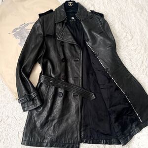 極美品/Lサイズ◆BURBERRY BLACK LABEL【極上ラムレザー ノバチェック 裏地シャドーホース】トレンチコート バーバリーブラックレーベル 黒