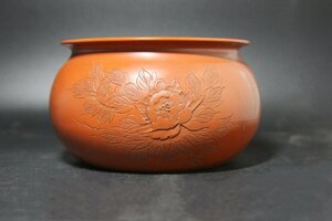 ＜聴雲＞ 建水 朱泥 花図 漢詩 煎茶 茶道具 古玩 骨董品 古美術品 Y1-220