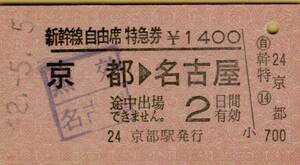 ◎ 硬券【 新幹線自由席特急券 】 京都 → 名古屋 Ｓ５２.５.５ 京都駅 発行 無効印　押印あり 