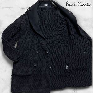 希少デザイン/Lサイズ●ポールスミス Paul Smith ローゲージ ニット コート チェスターコート ウール×アンゴラ メンズ 厚手 ブラック 黒