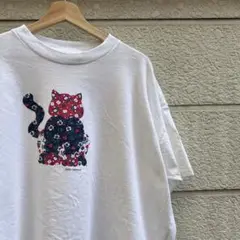 90s USA製 白 プリントTシャツ ネコ レトロ 花柄 vintage