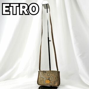 アートの香り漂う★　エトロ ETRO　ショルダーバッグ ポーチ ペイズリー柄 総柄 コンパクト ロゴ型押し レザー　ブラウン