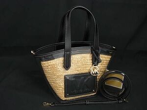 1円 ■極美品■ MICHAEL KORS マイケルコース ストロー×レザー 2WAY ハンドバッグ トート ショルダー ブラック系×ベージュ系 FC9522