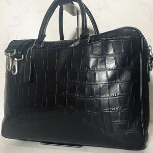 1円【定価16万!!!】コーチ coach クロコダイル 2way ビジネスバッグ ブリーフケース バック 大容量 A4可 レザー 型押し ロゴ金具 ブラック