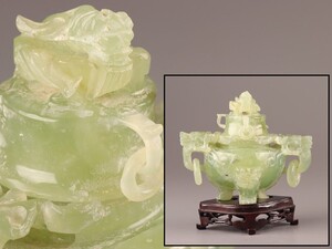 中国古玩 唐物 緑砡石 翡翠 遊環 置物 香炉 時代物 極上品 初だし品 D0176