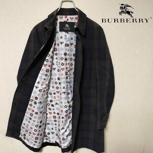 送料無料！BURBERRY BLACK LABEL モノグラム柄裏地 チェック柄ステンカラーコート バーバリー ブラックレーベル ロングコート Mサイズ