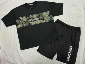 n●大きいサイズ　5L●新品●上下セット●LIFEGUARD　《ムネ迷彩風ライン柄半袖Tシャツ》&《縦ロゴウエスト総ゴムハーフパンツ●黒