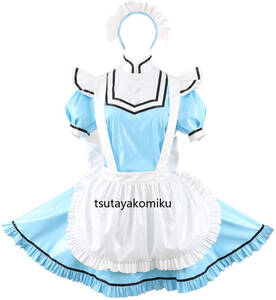 めめしい メイド服 PVC ロック フリフリゴシックPVC 薄青/ライトブルー ワンピース コスプレ衣装