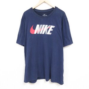 XL/古着 ナイキ NIKE 半袖 ブランド Tシャツ メンズ ビッグロゴ 大きいサイズ ロング丈 クルーネック 紺 ネイビー spe 24apr05 中古