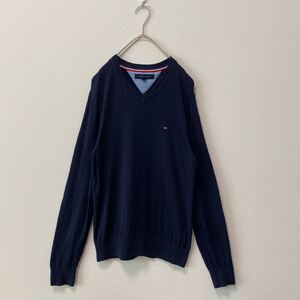 トミーヒルフィガー　ニット　長袖　ワンポイント刺繍ロゴ　ネイビー　US古着　Sサイズ　TOMMY HILFIGER セーター　プルオーバー