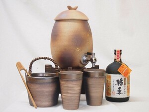 信楽焼・明山窯 焼酎サーバー 火色金小紋 2200ｃｃ(滋賀県)+萬古焼・備前金彩焼酎ペアカップ 氷入れ(三重県)+麦焼酎 神楽